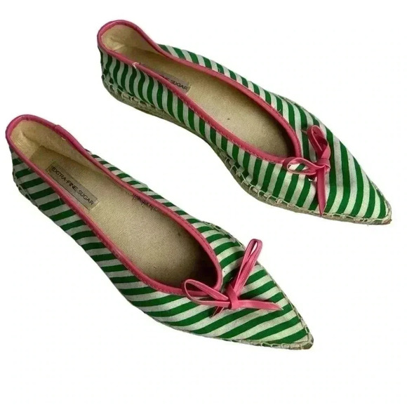 Extra-fine Sugar Espadrilles Size 6 Green/White Stripe with Pink Bow Flats - Picture 1 of 16
